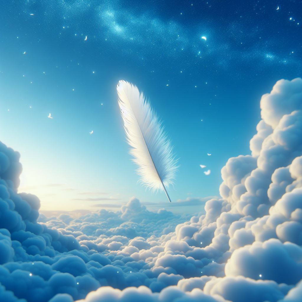 feather - one of the many soft, light things that cover a bird's body, consisting of a long, thin, central part with material like hairs along each side